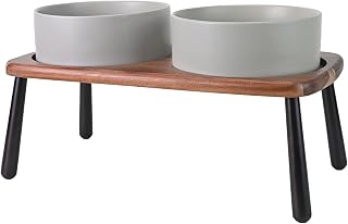 SPUNKYJUNKY 60oz Elevated Ceramic Dog Bowls with Acacia Bamboo Stand - Raised Non-Slip for Medium Large Breeds, Dishwasher Microwave Safe, Grey