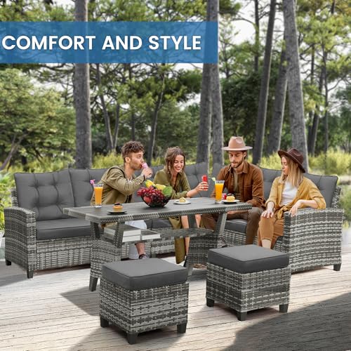 Image of KROFEM 6 Piece Patio Furniture Set, Dining and Conversation Set | UV Treated Wicker, Machine Washable Cushions, Seats 7, 2 Ottomans, 3 Sofa Section, Dining Table, Rustproof Frame, Grey