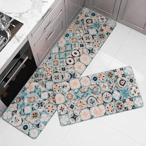 Image of VERVENIX 2 Pcs Kitchen Mat Set - Anti-Slip Waterproof Floor Mats for Kitchen, Sink & Laundry - Soft Cushioned Rugs with Vintage Tile Print Design (120x40 cm + 40x60 cm)