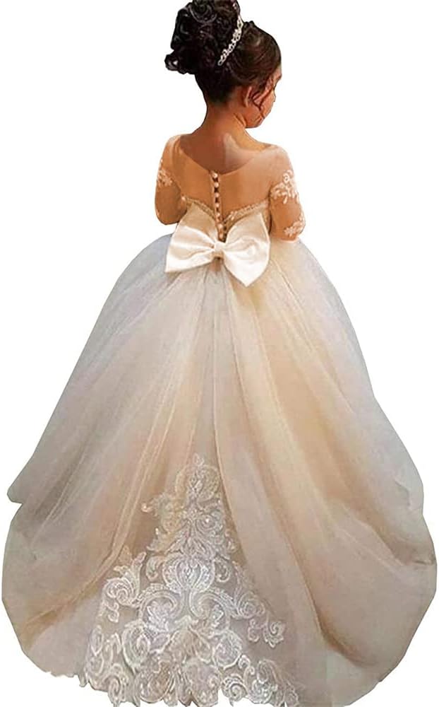 Lace Embroidery Sheer Long Sleeves Kids Trailing Gowns