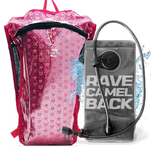 RAVERUNNER® Diffracted Hearts Hydration Pack | Lightweight Rave Camelback with 2L Bladder | Minimalist Back Pack, Pink Camelbak, Rave Water Bag