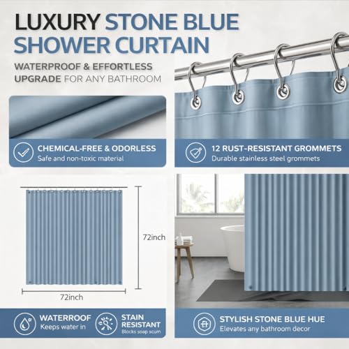 Image of EHZNZIE Stone Blue Shower Curtain Liner 72x72, PEVA Waterproof Bath Curtain, No Chemical Smell, 3 Weighted Magnets, Durable with Rustproof Metal Grommets