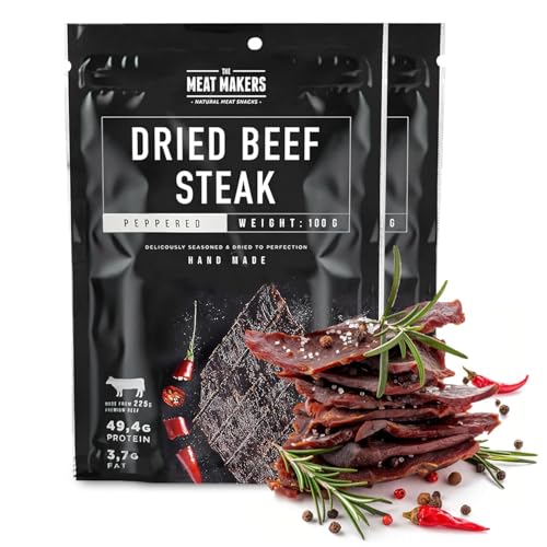 The Meat Makers Peppered Dried Beef Jerky Steak (200g) - Bistec de cecina de vaca seca, Cecina de Vaca, Carne Seca, Snack de Carne, Alto en Proteínas, Bajo en Calorías. Carne seca para personas.