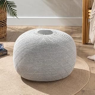 English Home Round Ottoman Pouf Footstool Knitted Pouffe Stool Seat Cushion Boho Home Decor Extra Seating Floor Cushion for Living Room, Bedroom, Indoor, Outdoor 37 x 50 cm Grey