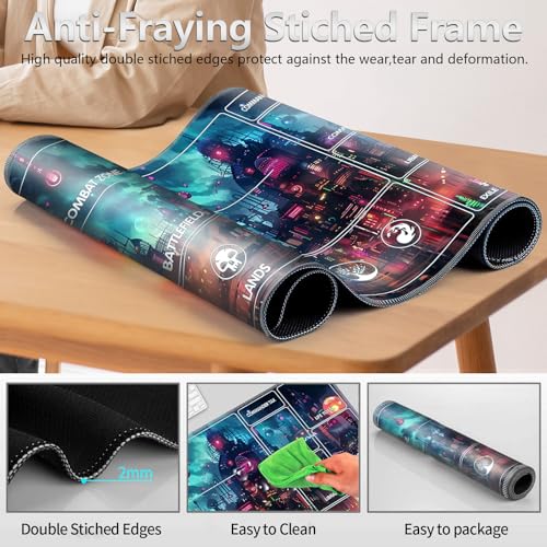 Image of for MTG Playmat with Card Storage Bag,Non-Slip Rubber Base & Smooth Surface 24x14in,Beginner-Friendly Magic Mat for Commander Deck,Cyberpunk Neon City