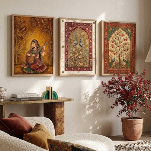 Image of kotart Decorative Traditional Wall Art Home Decor Madhubani Painting poster With Frame For Living Room Bed Room Hotel Wall Decor Digital Reprint Set of 3 (10X13 INCH)
