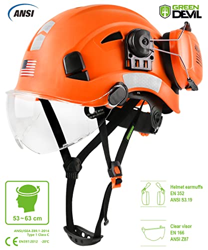 Safety Helmet Hard Hat With Visor And Ear Protection Adjustable Lightweight Vented Abs Work Helmet For Men And Women 6-Point Suspension Ansi Z89.1 Approved Ideal For Industrial & Construction #TOP2