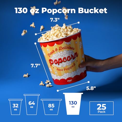 Image of Fit Meal Prep 25 Pack Large Popcorn Buckets Disposable, 130 Oz Yellow and Red Paper Popcorn Containers Tubs for Home and Theater Movie Night