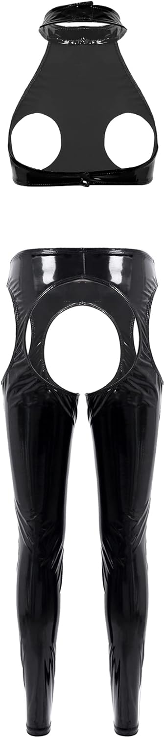 Mufeng Women Wet Look Shiny PVC Patent Leather Bustier Bra Top with Crotchless Pants for Party Club