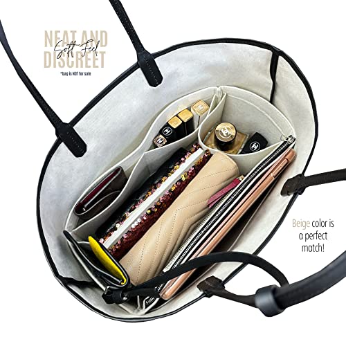 Divitize Premium Bag Organizer fits Saint Louis PM Bag Organizer and St Louis GM Tote Bag Insert, Handmade 2mm Double Layered Oval Shaped Felt Snug Sturdy Silver Zipper (For St Louis PM, Beige)