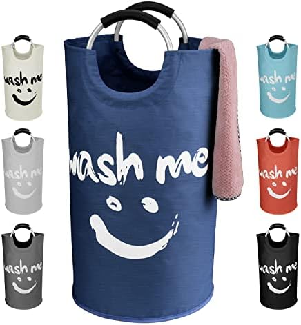 IHOMAGIC 91L Collapsible Laundry Bin Independent Fabric Laundry Hamper with Comfortable Handle Laundry Washing Bin with Smiley Pattern Clothes Organizer for Home, Travel 15x15x28.3 in (Navy Blue)