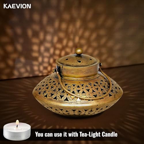 Image of Metal Brass Dhoop Dani Degchi Style Tea Light Candle Holder | Medium Size 7 inch in Wall Hanging Table Top Dhoop Stand Home Decor | Incense Dhup Burner for Pooja Room or Diwali Decoration