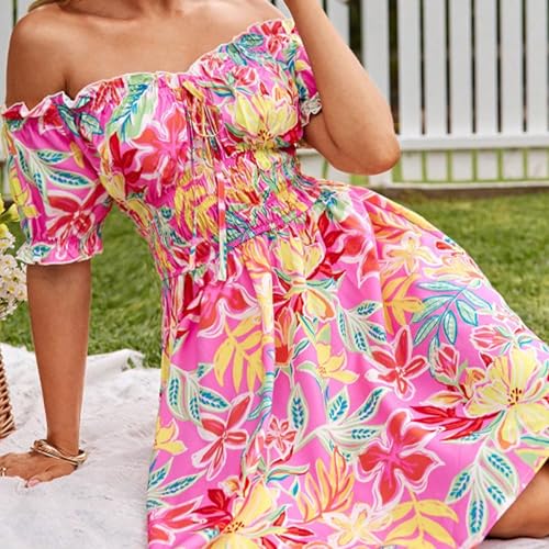 Image of Womens Summer Boho Dress Off-Shoulder Floral Mini Pleated Skirt Beach Vacation
