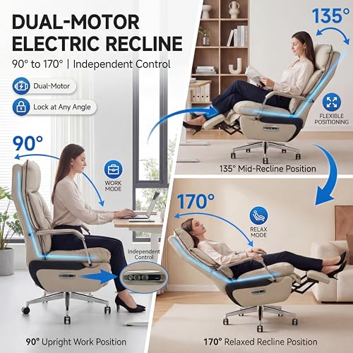 Image of Dual Motor Executive Reclining Office Chair with Footrest - One-Click Electric Recline, Massage Lumbar Support & Pillow, Big and Tall PU Leather Ergonomic Desk Chair for Home Office /Gaming(White)