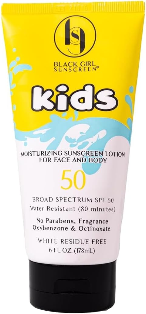 BlackGirlSunscreen BLACK GIRL SUNSCREEN Large Kids SPF 50 Sunscreen Lotion, 6 Oz Vegan & Water-Resistant, Will not Leave White Residue (6 Fl. Oz.)