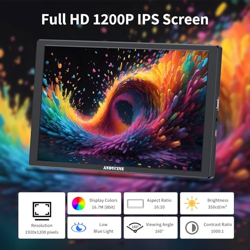 Image of ANDYCINE N10 Portable Monitor, 10.1 Inch Mini Touch 1920x1200 IPS Screen, HDMI USB C in, 350nits 60Hz 1000:1 Contrast Display with Bracket & Speakers for Laptop,PC,PS4 /5,Switch,Mac,Xbox