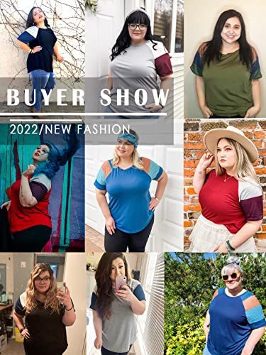 Plus Size Color Block Short Sleeve T Shirt For Women Crewneck Casual Tee Tops Grey 18W #TOP4