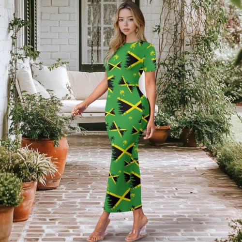Image of Womens Short Sleeve Jamaican Flag Midi Bodycon Dress | Soft stretchy fabric,crew neck,jamaican print casual date night cocktail party, elegant chic, spring summer fall all season