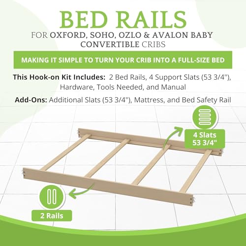 Image of Full-Size Conversion Kit Bed Rails for Oxford, Soho, Ozlo & Avalon Baby Convertible Cribs - Solid Wood - Toddler and Adult Rail for Full-Size Bed - Nursery & Baby Furniture (Washed Sand, Hook-On Kit)