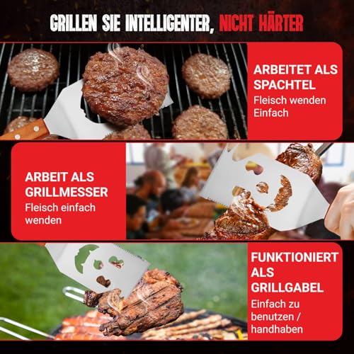 ENGRUPPE 7-in-1 BBQ Wender Grillbesteck Edelstahl mit Holzgriff – Multifunktionales Grillspachtel mit Flaschenöffner, Schaberkante & Designausschnitt Männer & Vatertag