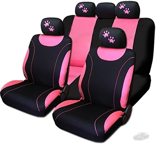 Yupbizauto New 12 Pieces Pink Flat Cloth Front and Rear Car Seat Covers with Embroidery Pink Paws Headrest Covers for Women