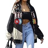 Onsoyours Bomberjacke Damen Mantel Sweatjacke Ladies College Sweat Jacket Reißverschluss Für Frauen Oversized Patchwork Jacke Vintage Druck Jacken Baseball Mantel (C Schwarz, M)