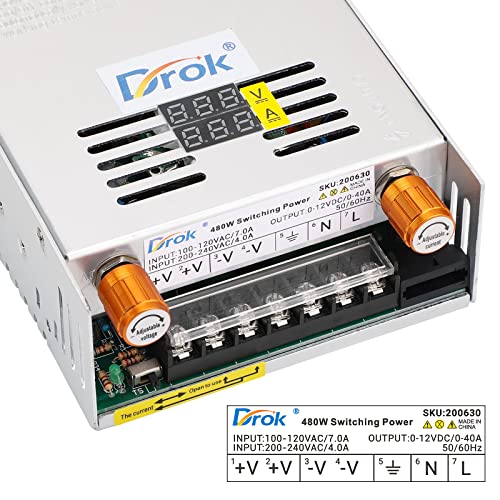 Image of DROK 12V Power Supply, AC 110V 220V to DC 0-12V 0-40A 480W Buck Converter, Volt Amp Adjustable Adapter Regulated 5V 9V 12Volt Switching Voltage LED Transformer Charger for Computer CCTV Lab