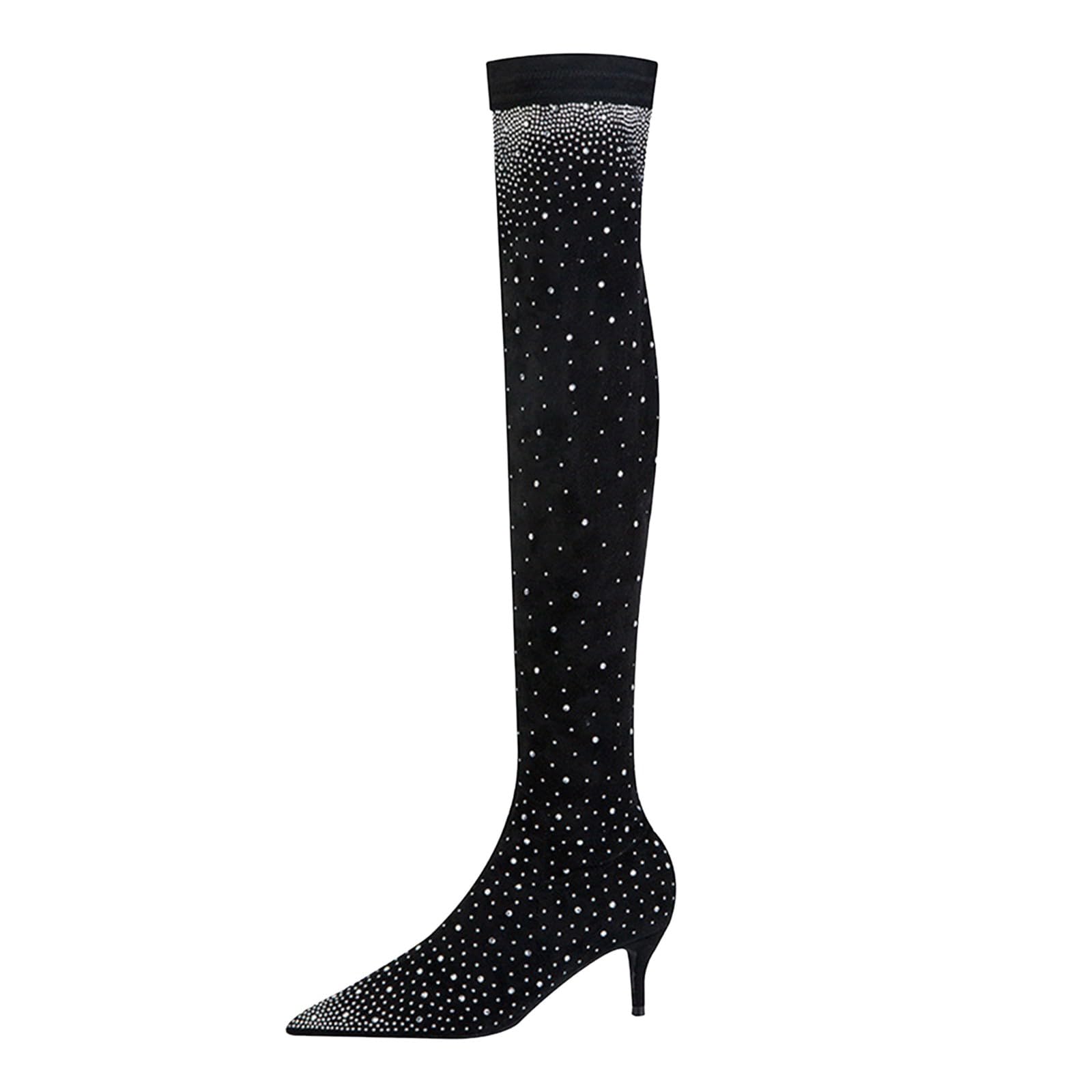 Damen-Kniehohe Stiefel mit Glitzernden Diamanten 7cm Absatz Elegante High-Heel-Stiefel für Party Abend Luxuriöse Spitzenverzierung Robustes Obermaterial