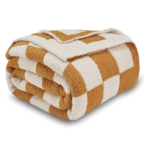 Image of CozeCube Orange White Reversible Checkered Knit Throw Blanket 60 inchx80 inch