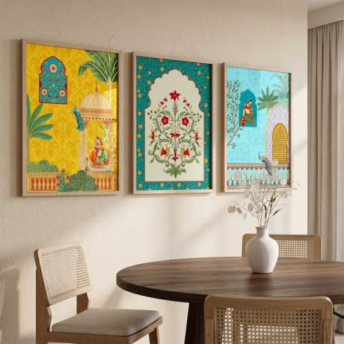 Image of kotart Indian Madhubani Wall Decoration | Madhubani Art Painting With Frame For Living Room Bed Room Hotel Wall Decor Digital Reprint Set of 3 (20x30 Inch)