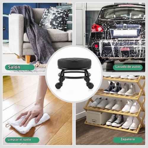 Miniatura 4 de Furwoo Roller Seat Pu Leather Low Round Rolling Stool Taburete De Piso Con Ruedas Universales Para Home Fitness Sport Pedicure Stool, H 25.5cm Negro