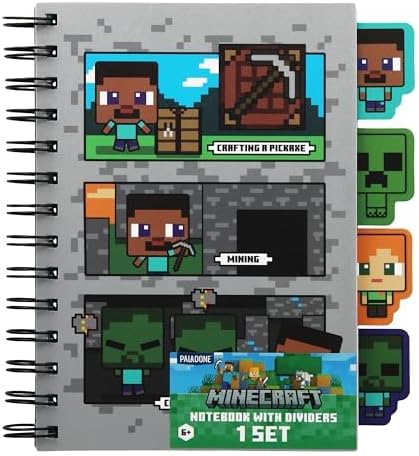 Paladone Minecraft Notebook Stationery Set for Boys, Officially Licensed A5 Spiral-Bound Planner with 4 Dividers and Ruler, Back to School Supplies