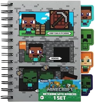 Paladone Minecraft Notebook Stationery Set for Boys, Officially Licensed A5 Spiral-Bound Planner with 4 Dividers and Ruler, Back to School Supplies