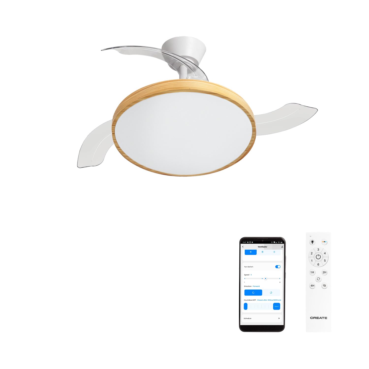CREATE / WIND CLEAR STUDIO M/Ventilador de techo con luz blanco y madera clara con Wifi y mando / 40W, Temporizador, Ø 108 cm, aspas retráctiles, 3 temperaturas de luz, función verano-invierno