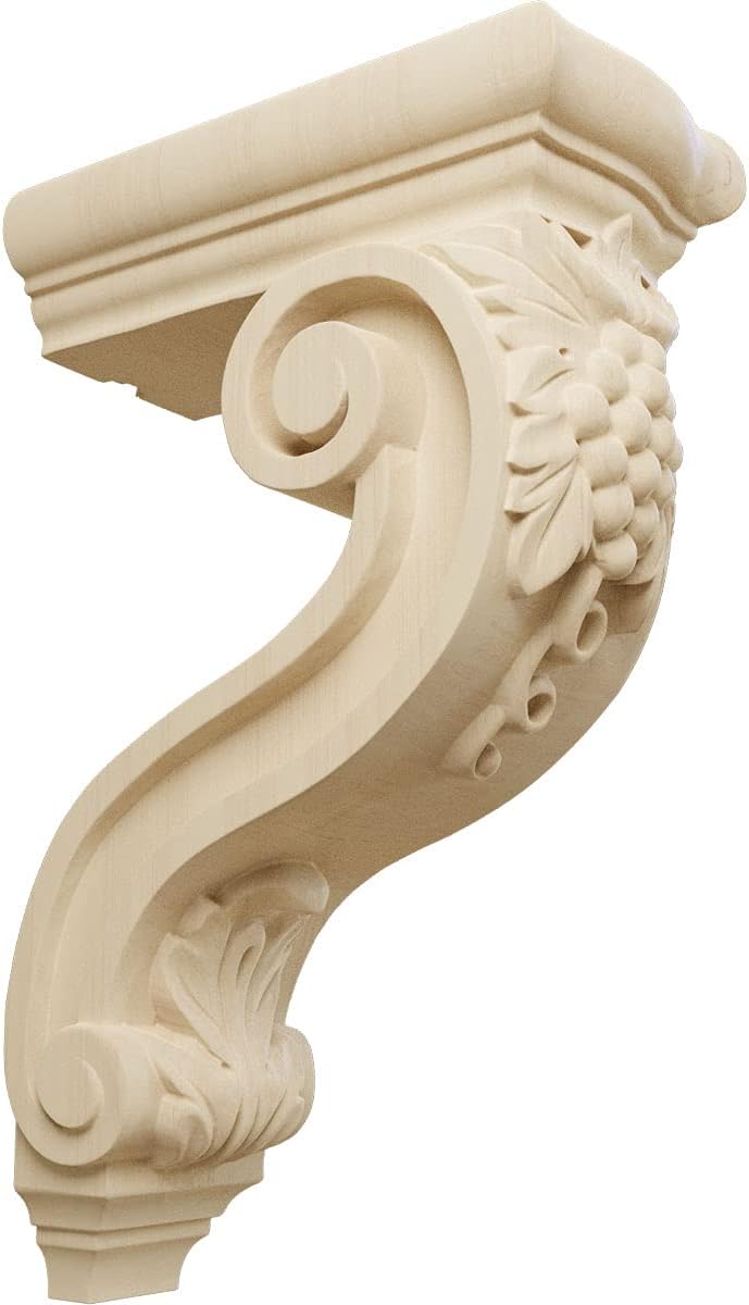 Ekena Millwork COR04X08X13HORW Holmdel Grapes & Vines Wood Corbels, 4 1/4"W x 8"D x 13 1/4"H, Rubberwood
