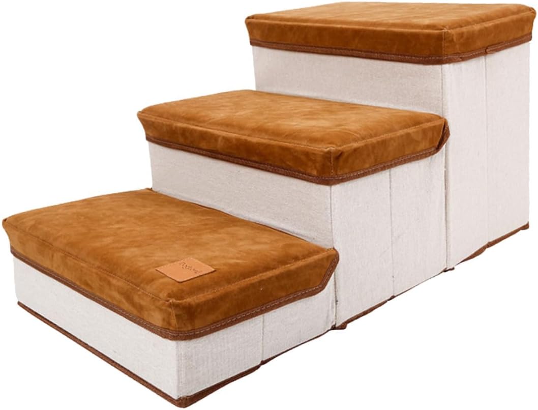 Gadpiparty Foldable Three-Step Pet Stair Ladder for Dogs with Storage Case, Brown Indoor Puppy Ramp for Small to Medium Pets, Space-Saving Dog Stair for Couch and Bed Access