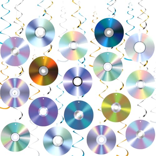 Image of 24PCS 90s Party Hanging Swirls Decorations - Retro CD Music Theme Party Ceiling Streamers for 1990s 2000s Y2k Birthday Party Decorations Supplies, 12 Designs