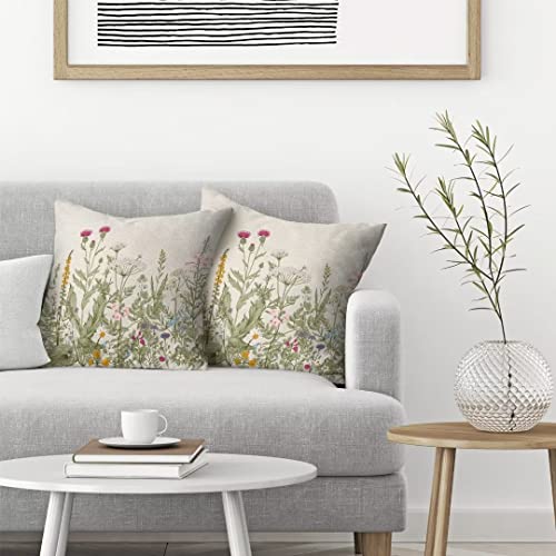 Aeioae Spring Pillow Covers 18 X 18 Inch Set Of 2, Farmhouse Wildflower Green Throw Pillow Covers Floral Plant Outdoor Decorative Pillows For Couch Home Sofa Living Room #TOP2