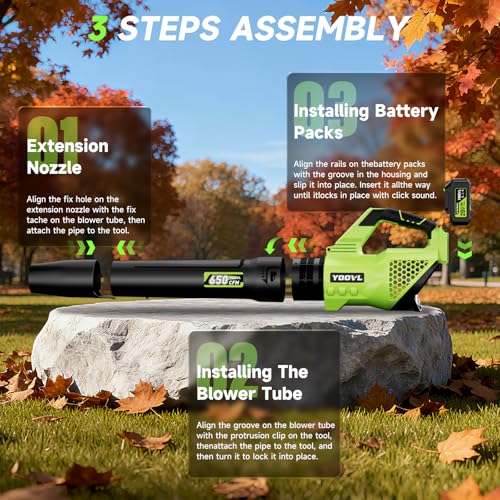 Image of Leaf Blower Cordless, 650CFM Electric Leaf Blowers with 2 x 5.2Ah Batteries and Charger, 3 Speed Modes, 1 x Adjustable Shoulder Strap, Powerful Snow Blowers for Lawn Care, Patio, Dust, Blowing Leaves
