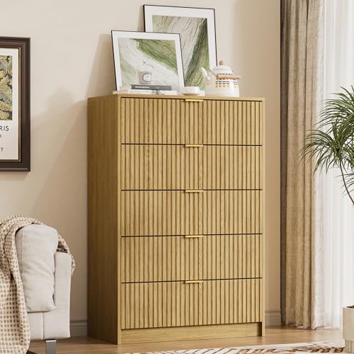 Image of Furniway 3 Piece Bedroom Set, 5 Drawer Dresser and Nightstand Set of 2 with Gold Handles, Mid-Century Modern Wood Chest of Drawers Storage Cabinet for Bedroom, Natural Oak