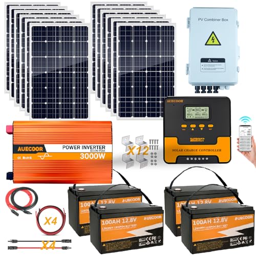 3000W 24V Solar Power System Complete Kit with 1440W (12×120W) Solar Panel 3KW Peak 6KW Pure Sine Wave Inverter, 5.12KWH LifePO4 Battery,PV Combiner Box,MPPT Solar Controller,Off-Grid Home RV Backup