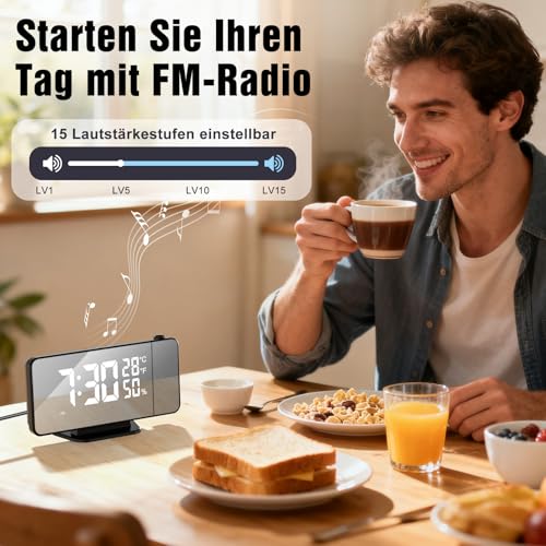 TAKRINK Projektionswecker Wecker Digital mit USB-Anschluss Radiowecker mit Projektion Dual-Alarm 12/24H LED-Anzeige 180° Projektor 4 Projektionshelligkeit projektion für Schlafzimmer Büro(Reinweiß)