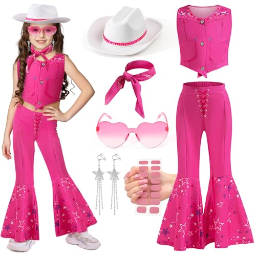 KELENO Disfraz de Vaquera para Niña Rosa Cowgirl Costume Disfraz Cowgirl Niña con Gorro Vaquero Pañuelo Vaquero Accesorios para Fiesta de Halloween Carnaval Navidad para Niña 4 5 6 7 8 9 10 11 años