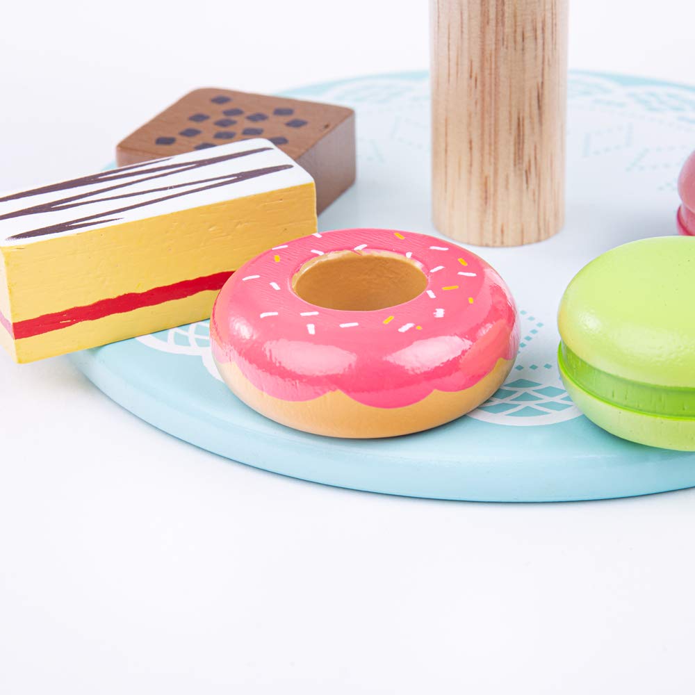 Bigjigs Toys Wooden Cake Stand with 9 Wooden Play Food Cakes