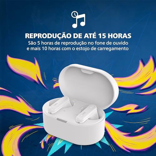 Fone de ouvido sem fio TWS Philips TAT1108WT/00 - bluetooth com microfone, formato em haste, IPX4, energia para 15 horas totais e na cor branca