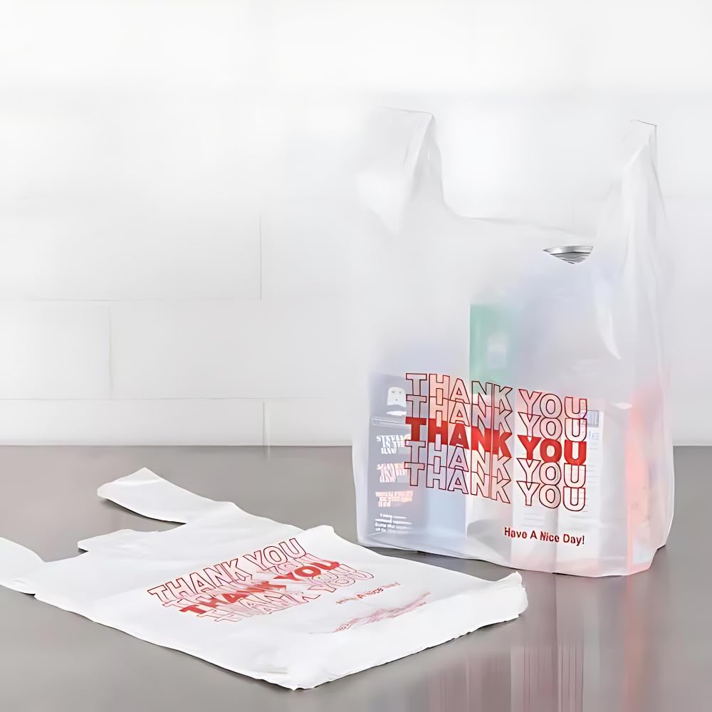 Generic 1/6 Size Thank You T-Shirt Bags - Recyclable Plastic - White Thank You Bags (Pack of 350), Ask Wholesale, White/Transparent