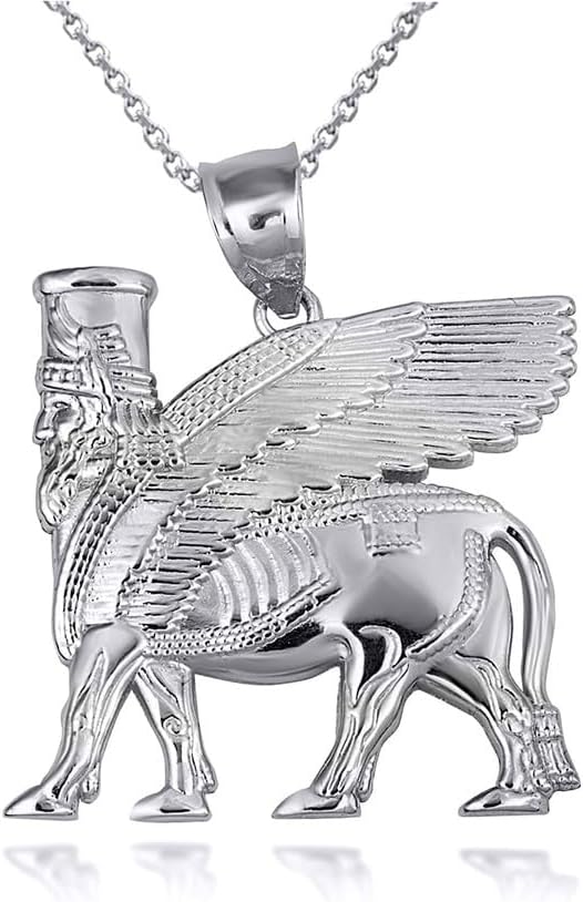 Claddagh Gold Ancient Assyrian God Lamassu Winged Bull Pendant Necklace Fine Real Solid 925 Sterling Silver