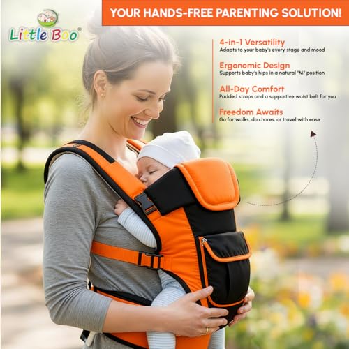 Image of LittleBoo New Born Baby Carrier Bag 4-in-1 Adjustable Baby Sitting Carrier Bag - Front & Back Carry with Head Support, Safety Belt & Buckle Straps for 0-24 Months (Black-Orange)