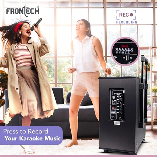 Image of FRONTECH Nocturn Neo Trolley Speaker | 100W Powerful Sound | Wireless Microphones | USB /TF /Bluetooth /FM | Guitar & MIC Input | Rechargeable Battery (SW-0225, Black)