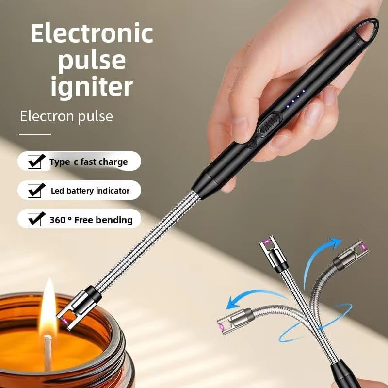 Image of MIXOSAElectric Rechargeable Gas Lighter for BBQ, Lighter for Gas Stove, Candles, Pooja, C-Type USB, Multi Purpose - 360 Flexible & Windproof, Black (Pack of 1)